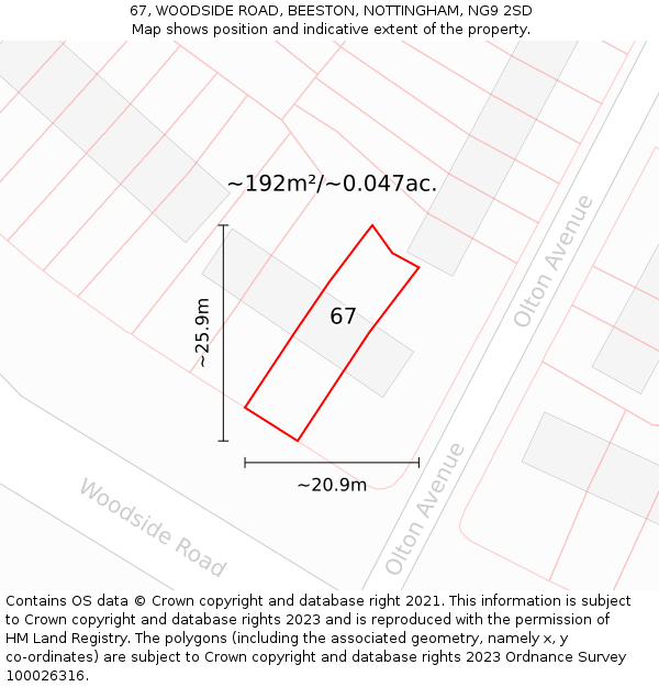 67, WOODSIDE ROAD, BEESTON, NOTTINGHAM, NG9 2SD: Plot and title map