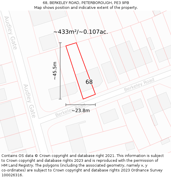 68, BERKELEY ROAD, PETERBOROUGH, PE3 9PB: Plot and title map
