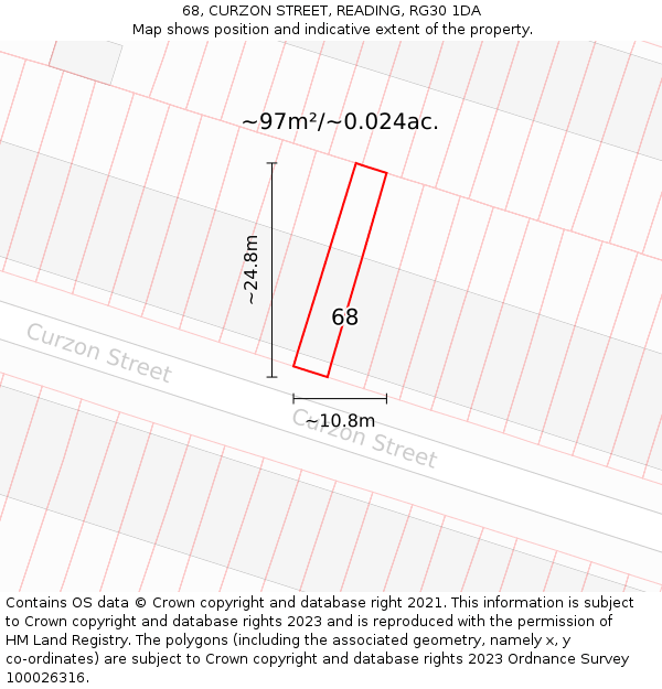 68, CURZON STREET, READING, RG30 1DA: Plot and title map