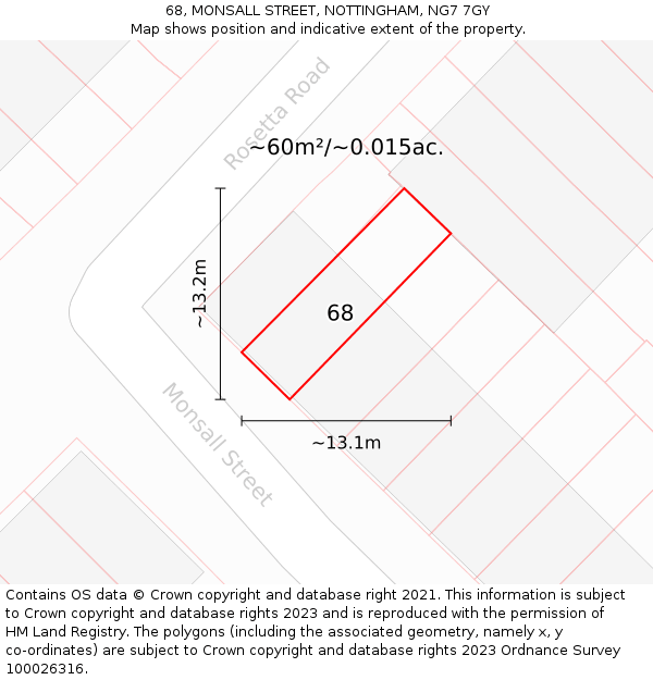 68, MONSALL STREET, NOTTINGHAM, NG7 7GY: Plot and title map
