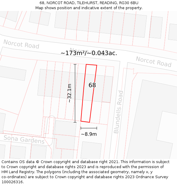 68, NORCOT ROAD, TILEHURST, READING, RG30 6BU: Plot and title map