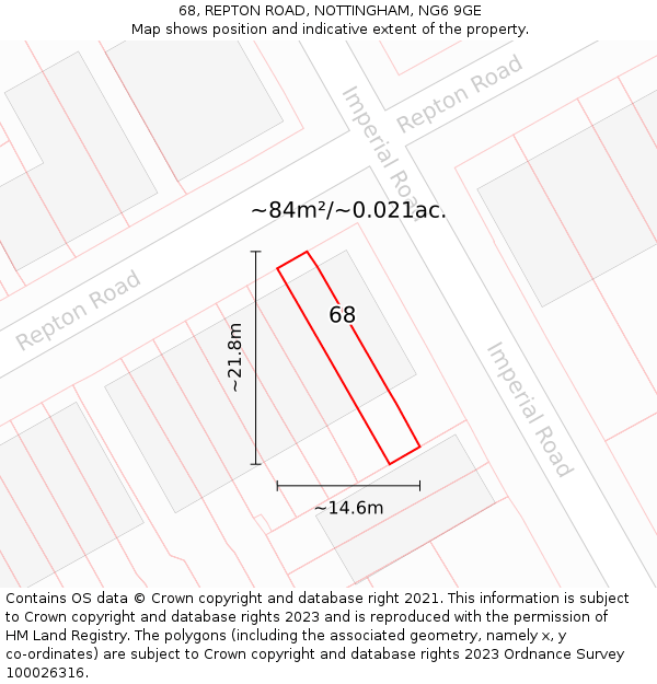 68, REPTON ROAD, NOTTINGHAM, NG6 9GE: Plot and title map