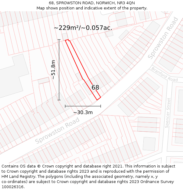 68, SPROWSTON ROAD, NORWICH, NR3 4QN: Plot and title map