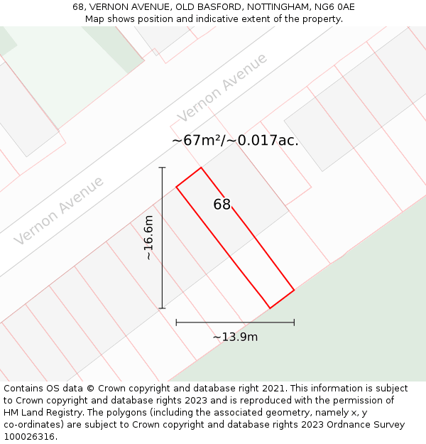 68, VERNON AVENUE, OLD BASFORD, NOTTINGHAM, NG6 0AE: Plot and title map