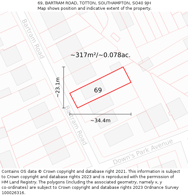69, BARTRAM ROAD, TOTTON, SOUTHAMPTON, SO40 9JH: Plot and title map