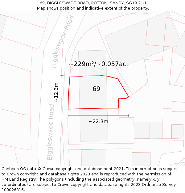 69, BIGGLESWADE ROAD, POTTON, SANDY, SG19 2LU: Plot and title map