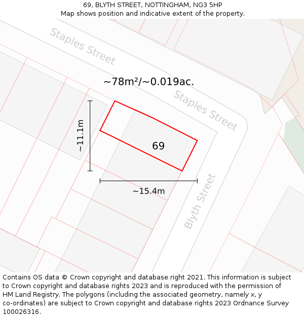 69, BLYTH STREET, NOTTINGHAM, NG3 5HP: Plot and title map