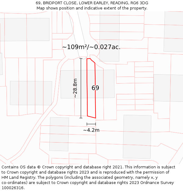 69, BRIDPORT CLOSE, LOWER EARLEY, READING, RG6 3DG: Plot and title map