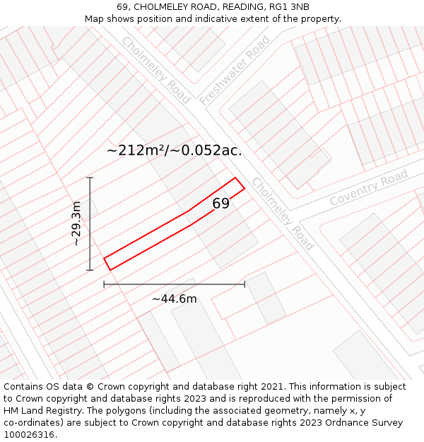 69, CHOLMELEY ROAD, READING, RG1 3NB: Plot and title map