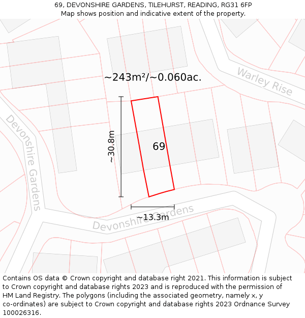 69, DEVONSHIRE GARDENS, TILEHURST, READING, RG31 6FP: Plot and title map