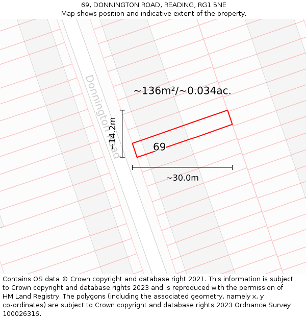 69, DONNINGTON ROAD, READING, RG1 5NE: Plot and title map