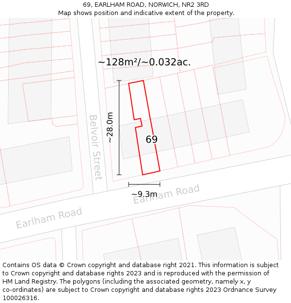 69, EARLHAM ROAD, NORWICH, NR2 3RD: Plot and title map