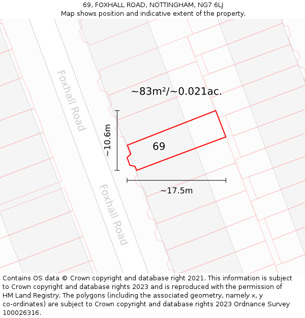 69, FOXHALL ROAD, NOTTINGHAM, NG7 6LJ: Plot and title map