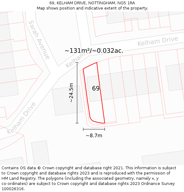 69, KELHAM DRIVE, NOTTINGHAM, NG5 1RA: Plot and title map