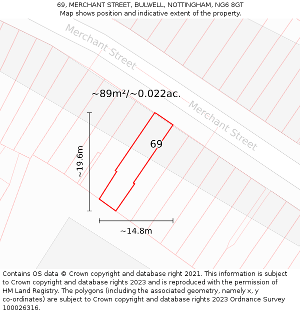 69, MERCHANT STREET, BULWELL, NOTTINGHAM, NG6 8GT: Plot and title map