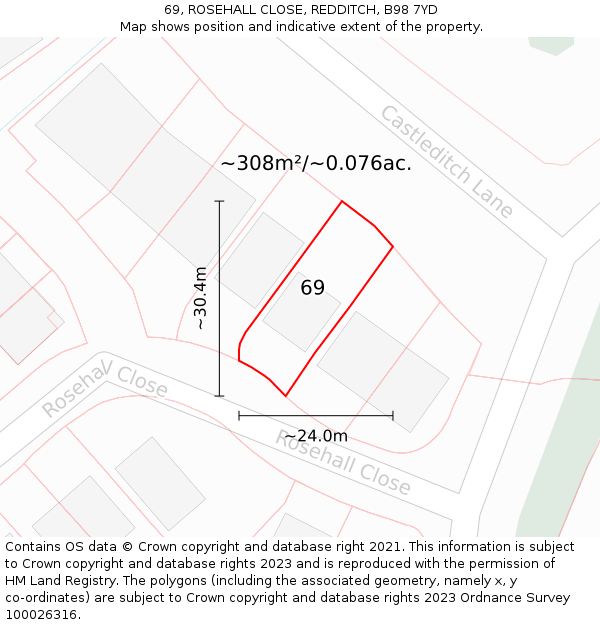 69, ROSEHALL CLOSE, REDDITCH, B98 7YD: Plot and title map