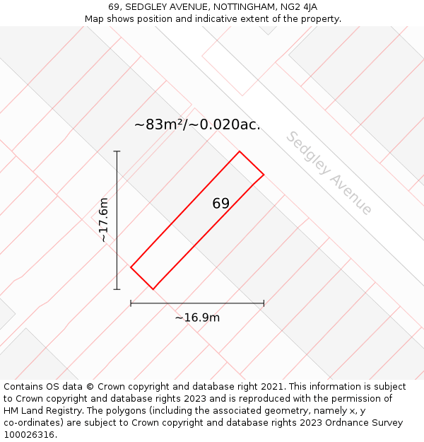 69, SEDGLEY AVENUE, NOTTINGHAM, NG2 4JA: Plot and title map