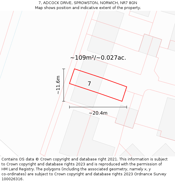 7, ADCOCK DRIVE, SPROWSTON, NORWICH, NR7 8GN: Plot and title map