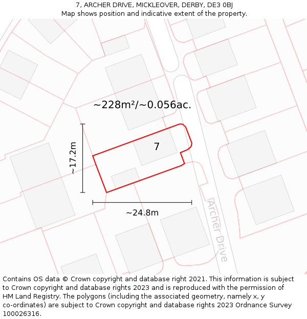 7, ARCHER DRIVE, MICKLEOVER, DERBY, DE3 0BJ: Plot and title map