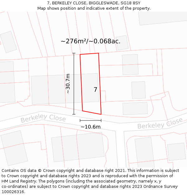 7, BERKELEY CLOSE, BIGGLESWADE, SG18 8SY: Plot and title map