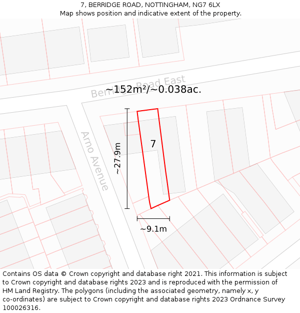 7, BERRIDGE ROAD, NOTTINGHAM, NG7 6LX: Plot and title map