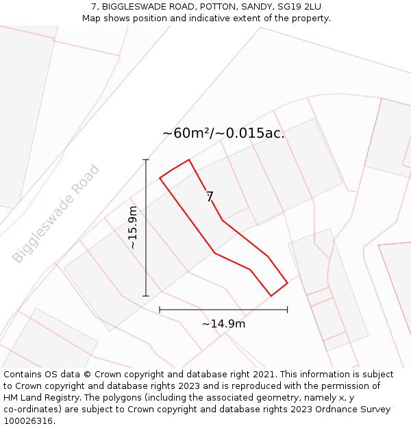 7, BIGGLESWADE ROAD, POTTON, SANDY, SG19 2LU: Plot and title map
