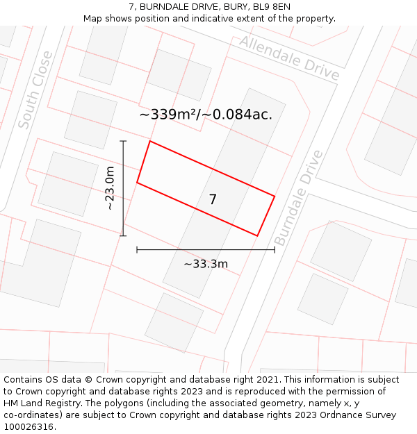 7, BURNDALE DRIVE, BURY, BL9 8EN: Plot and title map