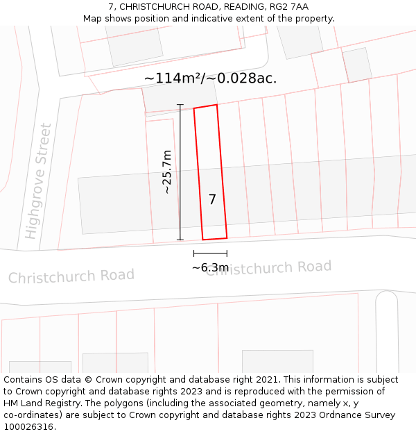 7, CHRISTCHURCH ROAD, READING, RG2 7AA: Plot and title map