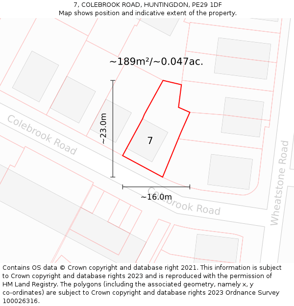 7, COLEBROOK ROAD, HUNTINGDON, PE29 1DF: Plot and title map