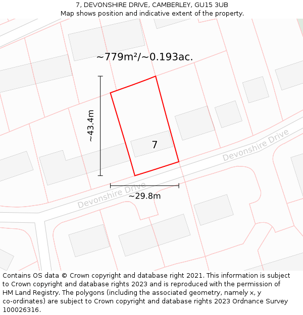 7, DEVONSHIRE DRIVE, CAMBERLEY, GU15 3UB: Plot and title map