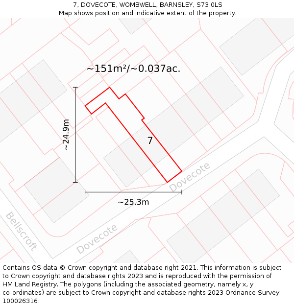7, DOVECOTE, WOMBWELL, BARNSLEY, S73 0LS: Plot and title map