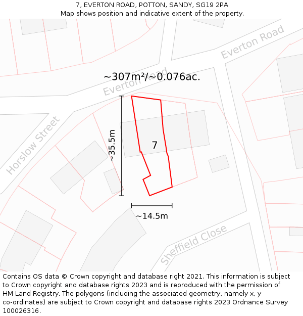 7, EVERTON ROAD, POTTON, SANDY, SG19 2PA: Plot and title map
