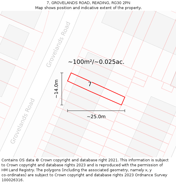 7, GROVELANDS ROAD, READING, RG30 2PN: Plot and title map