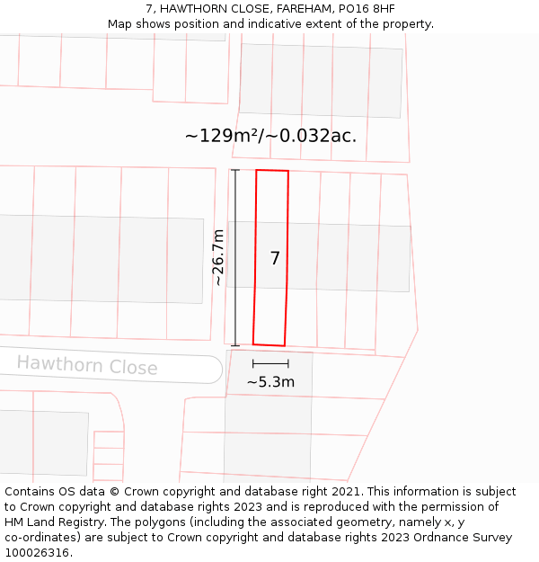 7, HAWTHORN CLOSE, FAREHAM, PO16 8HF: Plot and title map