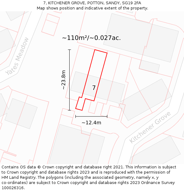 7, KITCHENER GROVE, POTTON, SANDY, SG19 2FA: Plot and title map