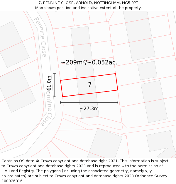 7, PENNINE CLOSE, ARNOLD, NOTTINGHAM, NG5 9PT: Plot and title map