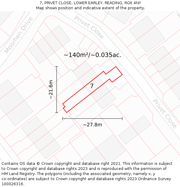 7, PRIVET CLOSE, LOWER EARLEY, READING, RG6 4NY: Plot and title map