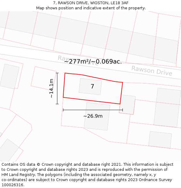 7, RAWSON DRIVE, WIGSTON, LE18 3AF: Plot and title map