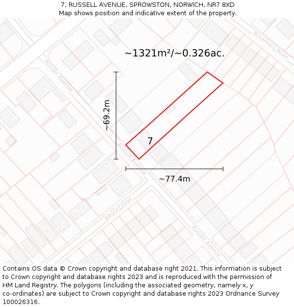 7, RUSSELL AVENUE, SPROWSTON, NORWICH, NR7 8XD: Plot and title map