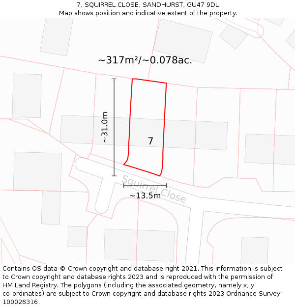 7, SQUIRREL CLOSE, SANDHURST, GU47 9DL: Plot and title map