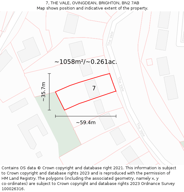7, THE VALE, OVINGDEAN, BRIGHTON, BN2 7AB: Plot and title map