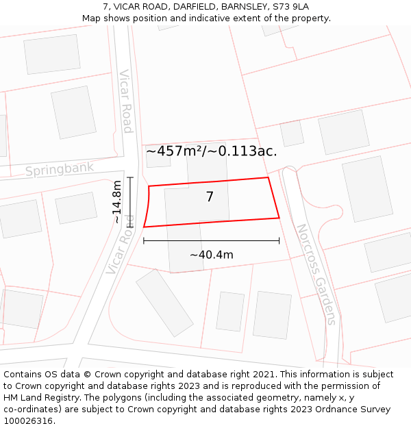 7, VICAR ROAD, DARFIELD, BARNSLEY, S73 9LA: Plot and title map