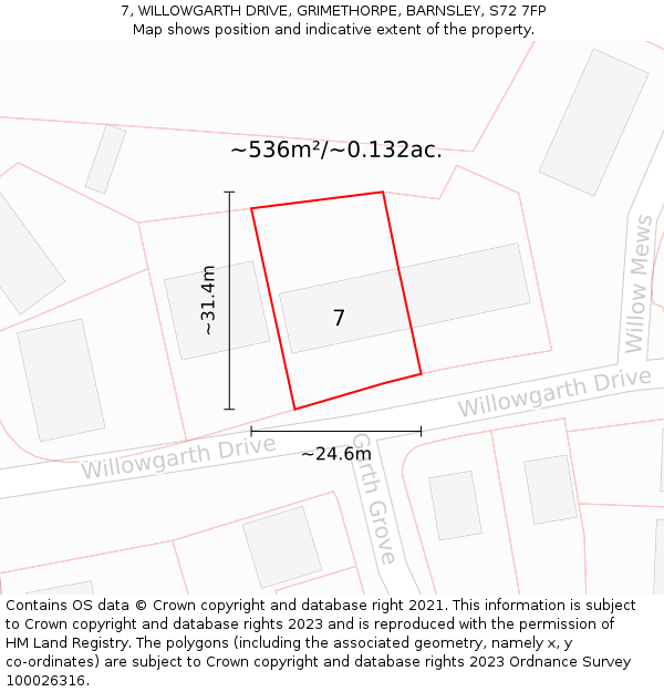 7, WILLOWGARTH DRIVE, GRIMETHORPE, BARNSLEY, S72 7FP: Plot and title map