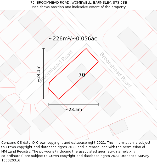 70, BROOMHEAD ROAD, WOMBWELL, BARNSLEY, S73 0SB: Plot and title map