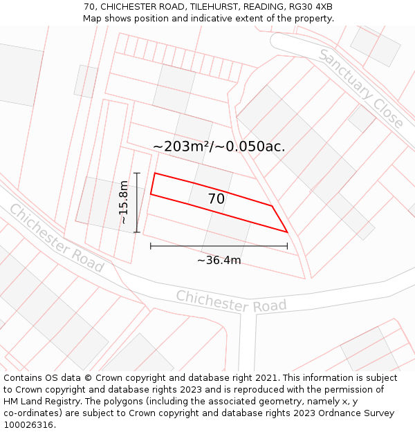 70, CHICHESTER ROAD, TILEHURST, READING, RG30 4XB: Plot and title map