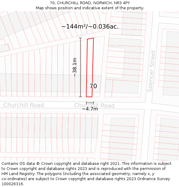 70, CHURCHILL ROAD, NORWICH, NR3 4PY: Plot and title map