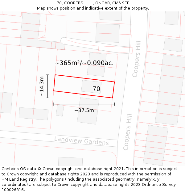 70, COOPERS HILL, ONGAR, CM5 9EF: Plot and title map