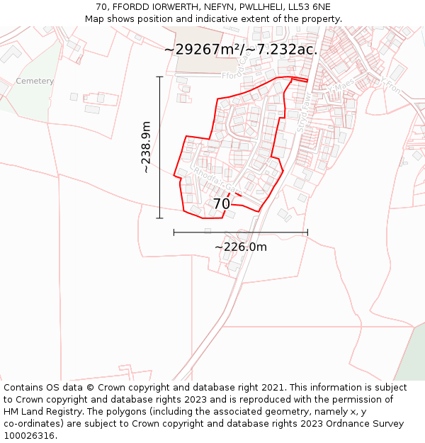 70, FFORDD IORWERTH, NEFYN, PWLLHELI, LL53 6NE: Plot and title map