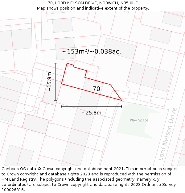 70, LORD NELSON DRIVE, NORWICH, NR5 0UE: Plot and title map