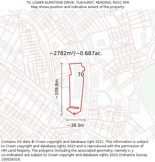 70, LOWER ELMSTONE DRIVE, TILEHURST, READING, RG31 5PA: Plot and title map